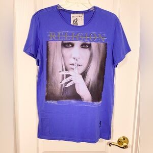 Religion London Shut Up Graphic Contrast Stitch Tee Blue Men’s Medium
